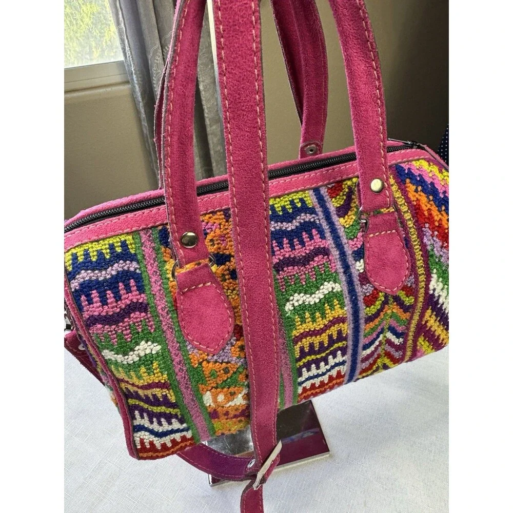 Meda Guatemala Huipil Embroidered Handbag Crossbody Purse Suede Leather Boho - Picture 3 of 14